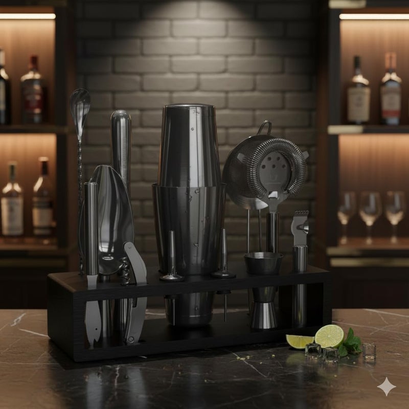 Highball  Chaser Highball & Chaser 13-Piece Gunmetal Black Stainless Steel Boston Cocktail Shaker Bar Tool Set with Mixology Bartender Kit Accessories - Image 2